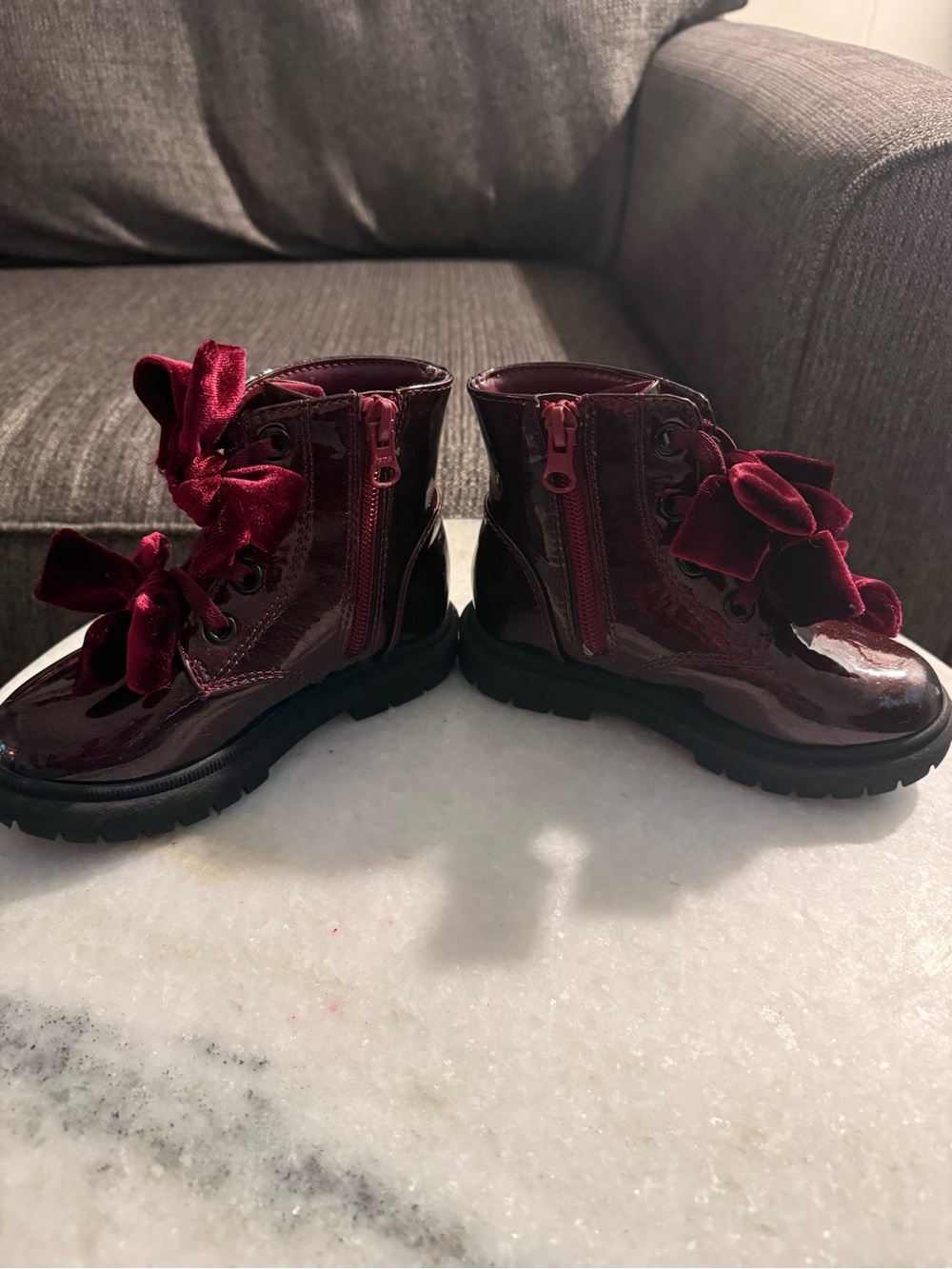 Cat & Jack Burgundy Patent Lace-Up Boots with Velvet Bows